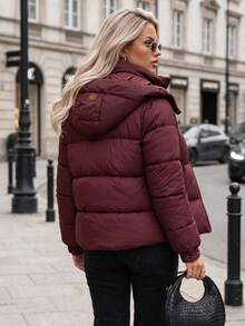 Women's Quilted Puffer Jacket With Detachable Hood, Zip Front And Side Pockets - Burgundy - View 3