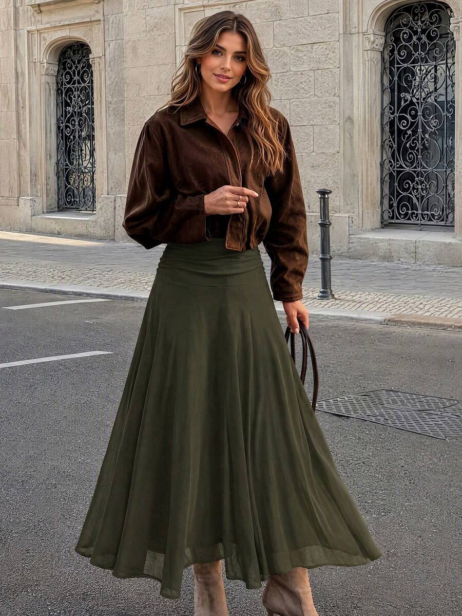Yepolly-Pop Women's Spring/Summer High Waist Ruched A-Line Flowy Maxi Skirt, Olive Green, Paris Street Style Elegant Back-To-School Outfit - Green - View 1