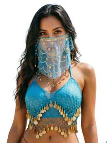 Mesh Hollow Coin Pendant Neck Top, Beaded Floral Tassel Veil, Suitable For Bar, Dance Party, Middle Eastern Exotic Dance Performance, Multiple Colors Available - Multicolor - View 11