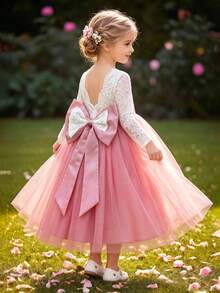 Young Girl Long Sleeve Lace Contrast Mesh Detachable Big Bow Flower Girl Wedding Party Evening Gown - Rusty Rose - View 2