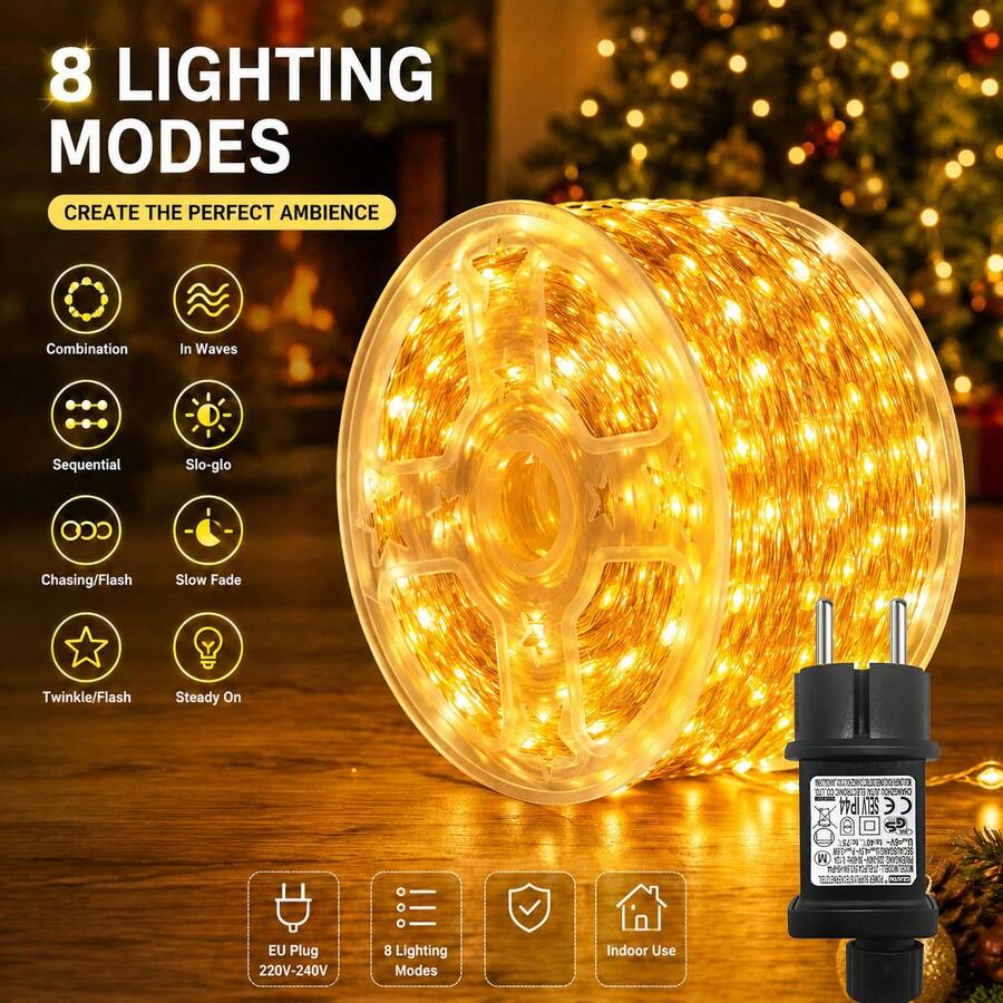 New High Brightness Christmas String Lights, F-Type Plug Connection; 1000/500/300 LED, Plug-In String Lights, Silver Wire Design, Discreet; Perfect For Christmas Decoration; Features 8 Lighting Modes; Ideal For Outdoor Decoration, Bedroom, Wedding, Party, Festival Celebration, Christmas, Halloween And Other Occasions. IP44