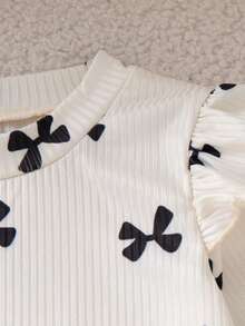 Autumn/Winter Baby Girl Cute Bow Print Ruffle Top & Black PU Leather Skirt Stylish Outfit For Outings And Gatherings - Apricot - View 3