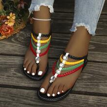 Women's Summer Bohemian Braided Rhinestone Roman Flat Sandals, Casual Vacation Style Versatile Shoes - Black - View 2
