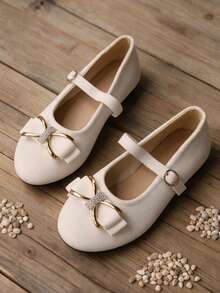 Women's Round Toe Rhinestone Bow Strap Flat Shoes, Sweet Elegant Casual Daily Ballet Flats - White - View 5