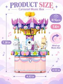 1pc 782/836pcs Mechanical Wind-Up Music Box Building Blocks, 2 Styles Available, Rotates While Playing Music, Dreamy Carousel & Space Exploration Mini Block Toy, Desktop Ornament Decoration, Creative Gift - Clear - View 9
