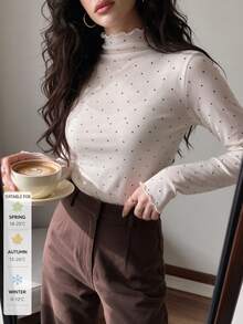 SUNSTORY Women's Autumn Beige Polka Dot Frill Trim Mock Neck Slim Fit Long Sleeve Mesh Top, Suitable For Commuting, Dating, Daily Outings, Party Occasions - White - View 4