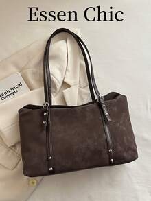 1pc Coffee Brown Buckle Strap Decor Large Capacity Solid Color PU Tote Bag Women's Shoulder Bag - Coffee Brown - View 2
