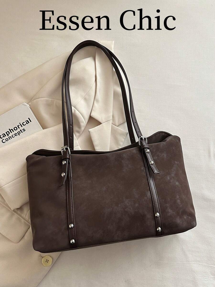 1pc Coffee Brown Buckle Strap Decor Large Capacity Solid Color PU Tote Bag Women's Shoulder Bag