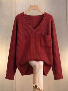 Elegant Women Solid Knit V-Neck Pullover Sweater, Comfort Pocket Top For Work Casual Fall Winter Wear - Red - View 1
