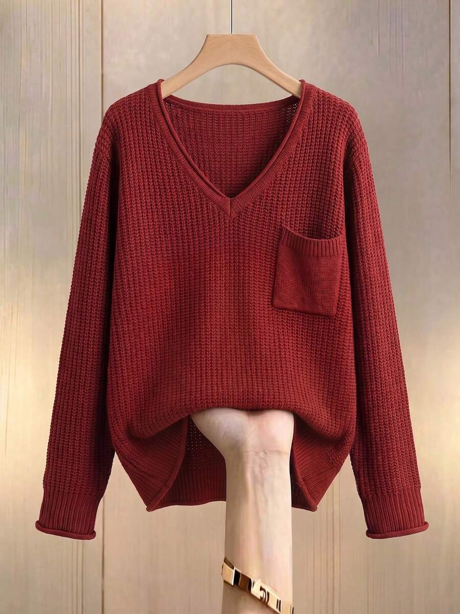 Elegant Women Solid Knit V-Neck Pullover Sweater, Comfort Pocket Top For Work Casual Fall Winter Wear - Red - View 1
