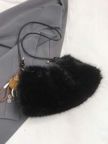 Women's Fuzzy Bag 2026 New Winter Niche High-End Shoulder Bag Versatile Large Capacity - Black - View 9