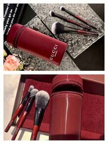 Portable Makeup Brush Set With Zipper Pouch Powder Blush Eyeshadow Cosmetic Brushes Gift For Women Gucci Beauty Burgundy Makeup Brush Set - Red - View 6