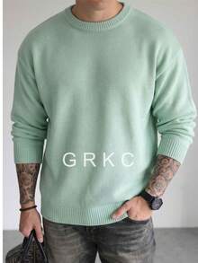 GRKC 男士圓領長袖針織寬鬆休閒簡約套頭毛衣，適合秋冬穿著 - 薄荷綠 - 查看 3