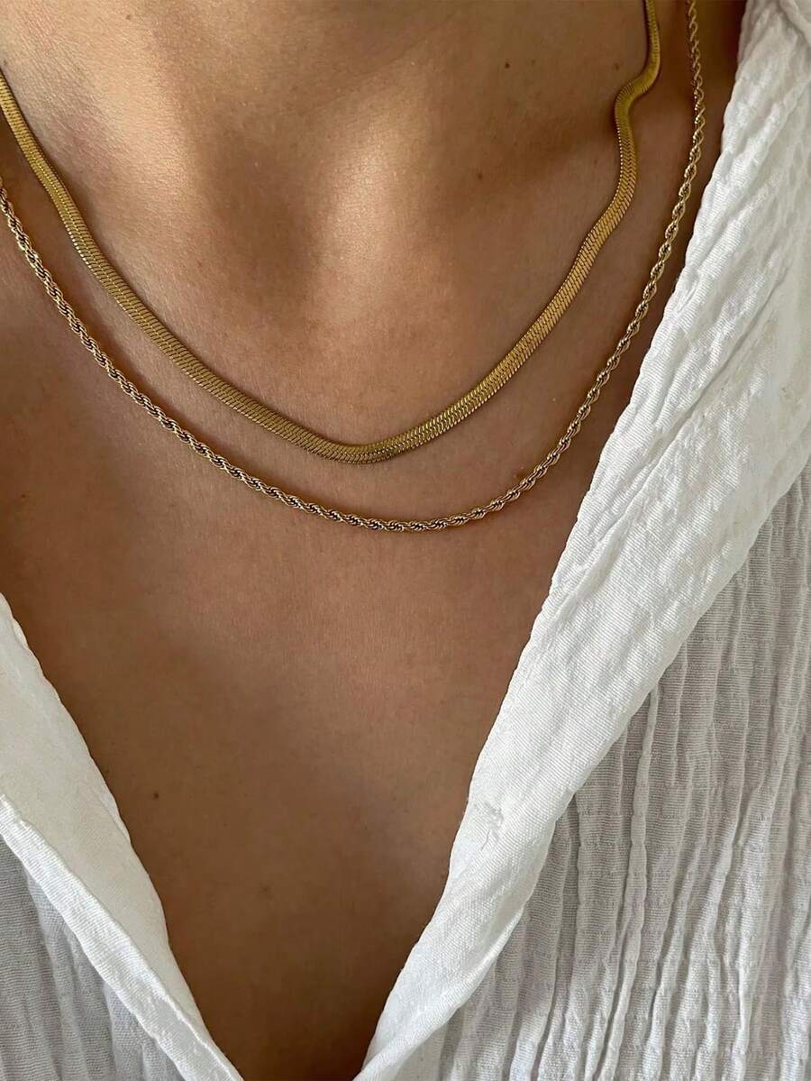 Nooxian 2pcs Women Necklace Set Layered Stainless Steel Twisted Flat Snake Chain Necklaces Daily Versatile Gift Accessories