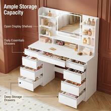 HaluPeit Dressing Table With LED Light, Vanity Desk With 1 Large Drawer And 8 Small Drawer Cabinets, Adjustable Brightness, Large HD Mirror, 9 Open Storage Areas - Silver - View 3