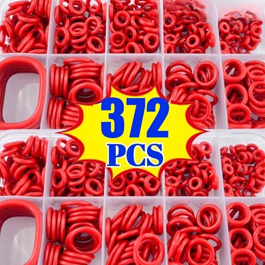 372pcs High Temperature & Oil Resistant Red Silicone O-Rings, Suitable For Automotive And Piping Applications - Red - View 1