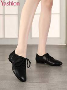 Women's Black Lace-Up Jazz Dance Shoes, Split Sole - Black - View 1