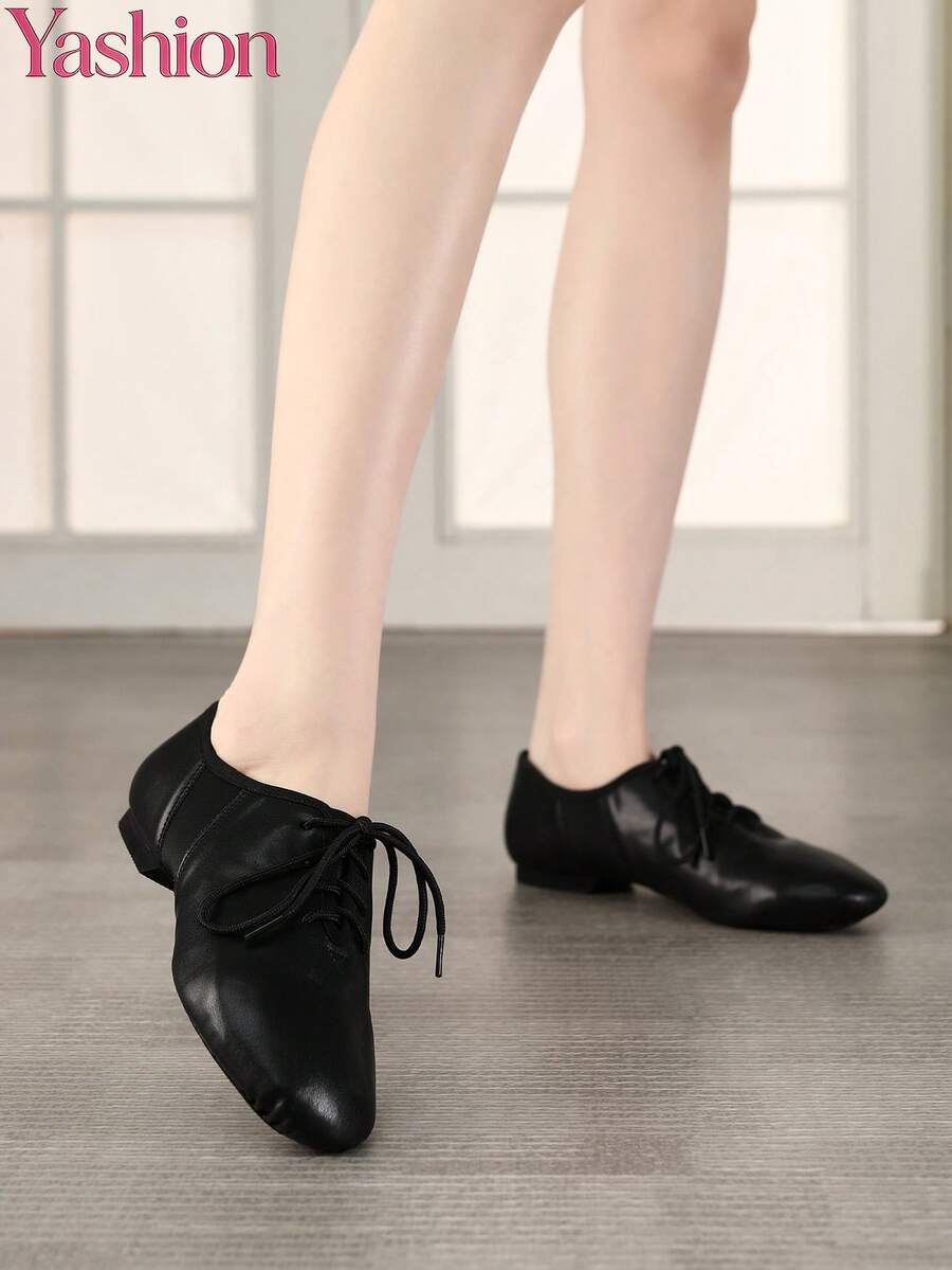 Women's Black Lace-Up Jazz Dance Shoes, Split Sole - Black - View 1