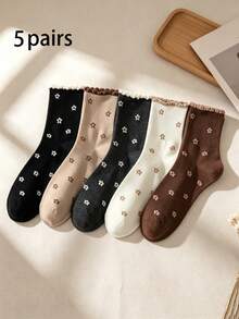 5 Pairs Women's Vintage Maillard Style Floral Frill Trim Mid-Calf Socks, Soft Comfortable Minimalist Versatile Socks - Multicolor - View 6