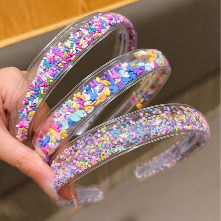 3pcs Random Color Sequin Liquid Glitter Transparent Headband Hair Accessory With Teeth Non-Slip Hair Grip Daily Hair Accessory - Multicolor - View 1
