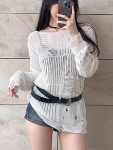 Atasan Sweater Seksi Model Longgar dan Ramping untuk Musim Gugur, Model Baru Jala Berongga Jala dengan Detail Usang - Putih - View 2
