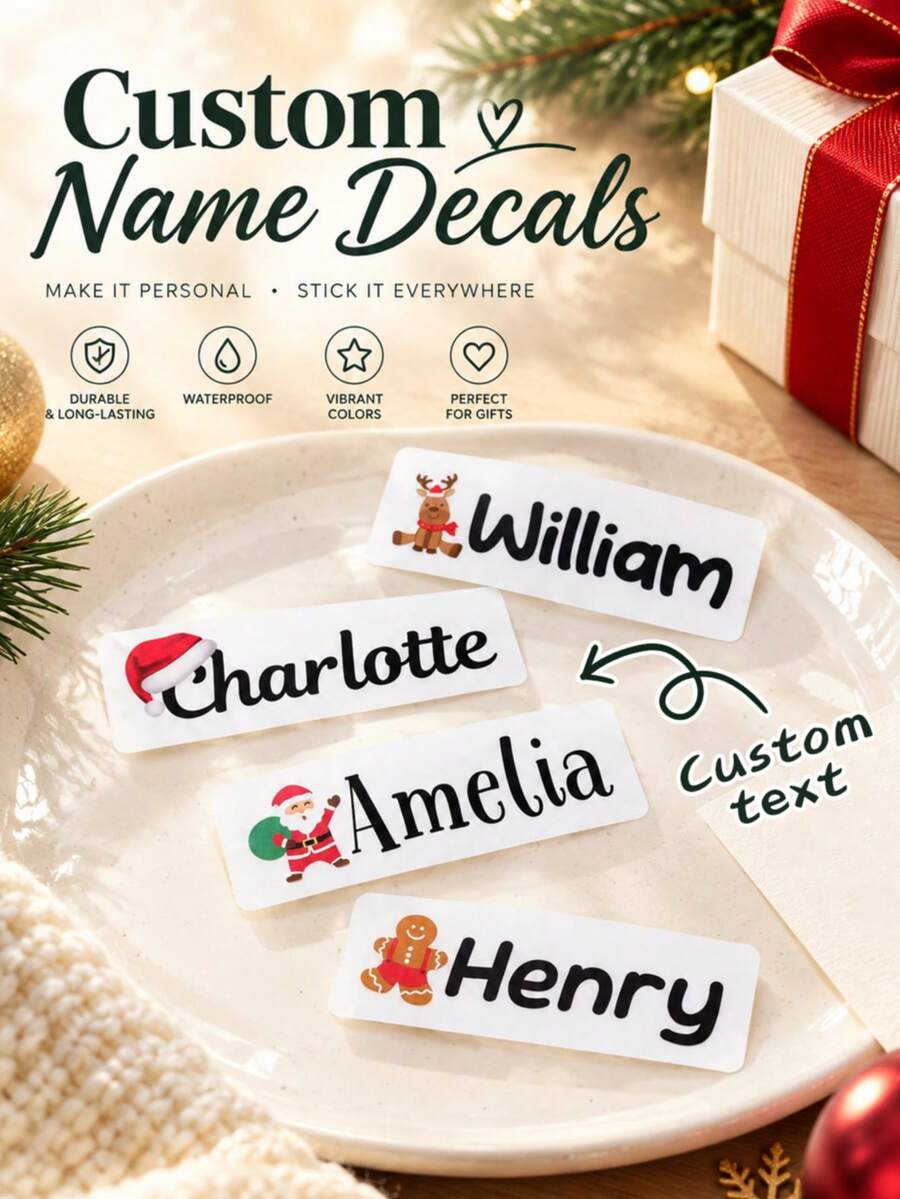 1/3/5pcs Customized Christmas Name Stickers, Featuring Santa Claus, Reindeer And Gingerbread Man Patterns, Personalized Name Labels, Suitable For Wine Glasses, Mugs And Gift Box Decoration, Perfect For Christmas Party Decor - Multicolor(Christmas Edition) - View 1