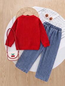 2pcs/Set Pakaian Kasual Anak Perempuan: Pullover Rajut Lengan Panjang Bergaris Motif Ceri Manis + Celana Denim Bordir Ceri, Set Ceri Merah Lucu untuk Anak Perempuan, Cocok untuk Pakaian Luar Ruangan Musim Gugur dan Musim Dingin - Merah - View 3