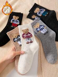3 Pairs Women's Autumn/Winter Warm Socks, Bear Themed Fuzzy Socks, Protect Calves - Multicolor - View 3