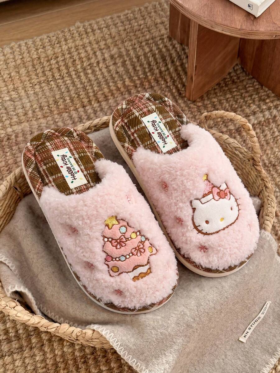 Hello Kitty Cartoon Kitten Design Women's Plush Slippers, Christmas Theme Slip-On Comfortable Flat Bedroom Slippers - Pink - View 1