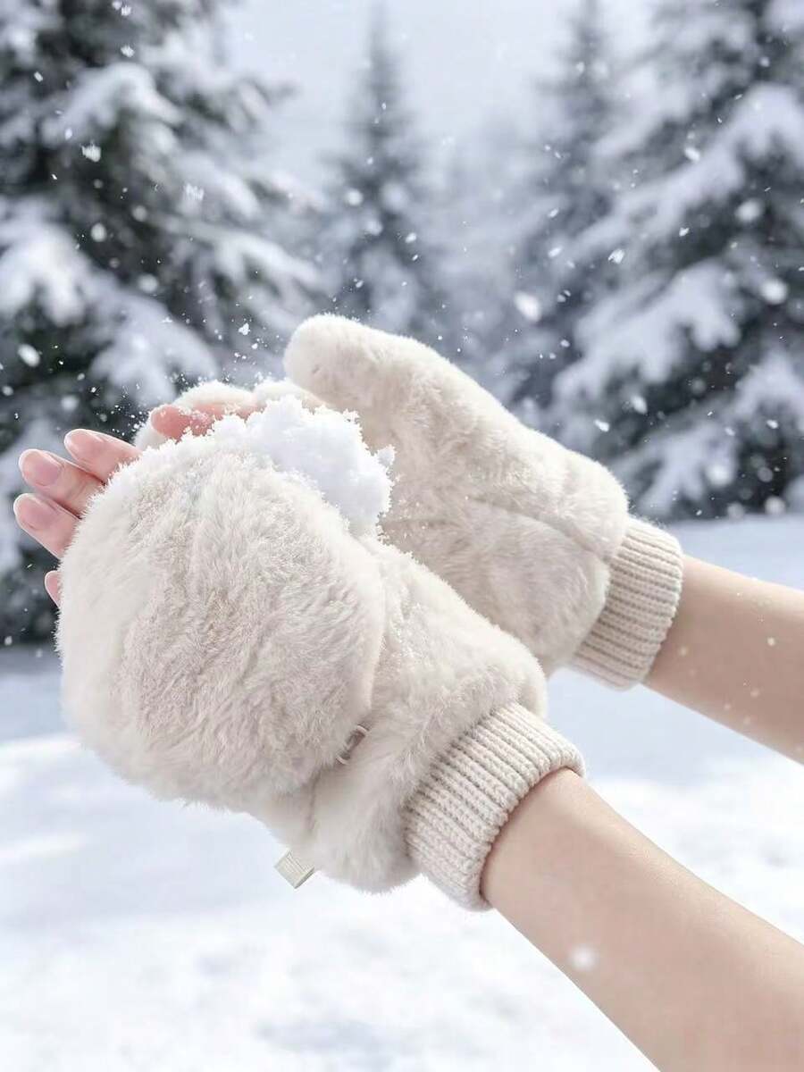 1 Pasang Sarung Tangan Tanpa Jari Wanita Warna Putih Krem Musim Dingin Bahan Plush Tebal Hangat untuk Penggunaan Harian di Musim Dingin - A - View 1
