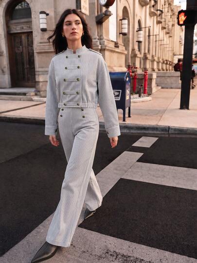 Sollinarry Conjunto de 2 piezas para mujer con chaqueta a rayas y pantalones de pierna ancha, nueva moda de otoño para ir al trabajo, chaqueta corta estilo Napoleón con cuello alto, pantalones cómodos con cintura elástica, adecuado para ir al trabajo, compras, vacaciones y uso casual