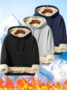 Men's Solid Color Fleece Long Sleeve Drawstring Pocket Casual Sweatshirt, Lamb Fleece Sweatshirt, Casual Sports Thickened Sweatshirt Jacket For Autumn/Winter, Back To School Season - Black - View 1