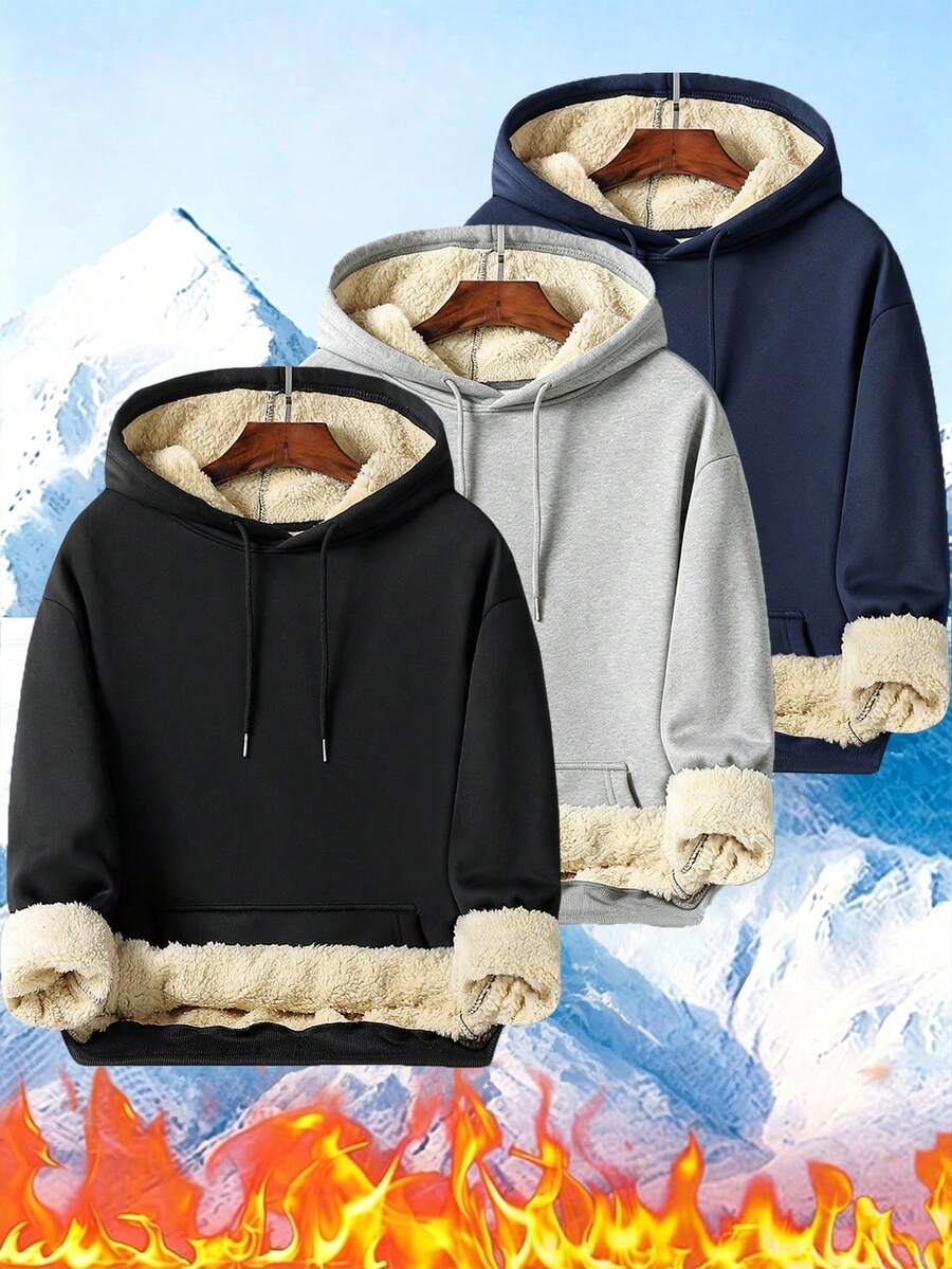 Men's Solid Color Fleece Long Sleeve Drawstring Pocket Casual Sweatshirt, Lamb Fleece Sweatshirt, Casual Sports Thickened Sweatshirt Jacket For Autumn/Winter, Back To School Season - Black - View 1