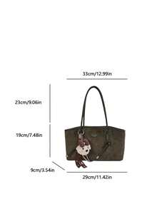 low tea 1pc Minimalist Square PU + Suede Fabric Shoulder Bag, Suitable For Commuting, Shopping, Etc. (With Pendant) - Dark Green - View 3