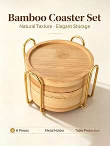 Bamboo Round Coaster Set With V-Shaped Gold Iron Storage Rack, 4-Piece And 6-Piece Organizer Set, Coaster Holder Also Functions As Cup Holder, Heat-Resistant Anti-Scald Water Cup Coaster, Natural Bamboo Tea Cup Coaster, Desktop Protection Pad, Home Coffee Cup Coaster, Minimalist Home Dining Table Coffee Table Decor, Easy Storage Non-Slip Coaster Home Gift. - Gold - View 12