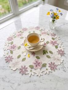 1pc Round Floral Embroidered Placemat, Blue/Pink Hollow Flower Embroidery Table Mat, Suitable For Wedding, Party, Dining Table And Home Decor - Pink - View 1