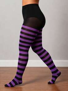 1pc Women's Purple & Black Striped Semi-Sheer Colorblock Fashion Tights - Black - View 2