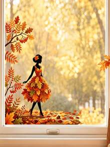 Autumn Leaf Dancer Silhouette Window Sticker, Glue-Free PVC Static Cling Decal, Creative Aesthetic Maple Leaf Butterfly Glass Sticker, Autumn Atmosphere Art Window Decal - Multicolor - View 5