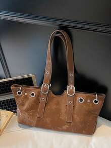 Tas Selempang Suede Kapasitas Besar Musim Gugur/Dingin Vintage, Tas Tote Minimalis, Tas Bahu Serbaguna untuk Bepergian - Coklat - View 5
