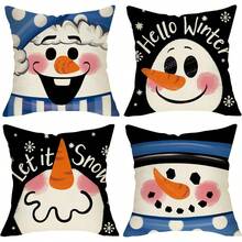 4pcs Cute Snowman Christmas Square Pillow Covers, Hello Winter Let It Snow Snowman Face Cushion Cases, Single-Sided Print Linen Pillowcases For Sofa Bedroom, No Pillow Inserts - Multicolor - View 8