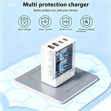 1 buah/2 buah/3 buah Kepala Pengisi Daya USB-C Ganda Portabel 55W, Blok Pengisian Cepat USB-C 4 Port, Adaptor Daya QC+PD, Kompatibel dengan iPhone 17 16 15 14 13 12 11 Plus Pro Max, Tablet, dan Berbagai Perangkat - Steker Tipe AS A (110-127V) - View 4