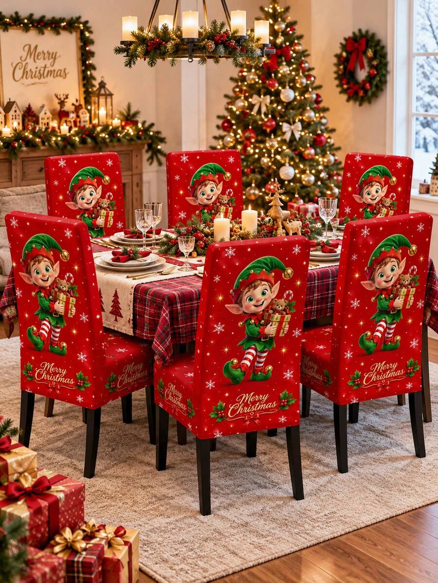 1pc Red Christmas Elf Dining Chair Cover, Cute Cartoon Elf Snowflake Merry Christmas Print, Stretch Spandex High Back Full Coverage Slipcover, Removable Washable Chair Protector For Kitchen Dining Room Holiday Party - Multicolor - View 1