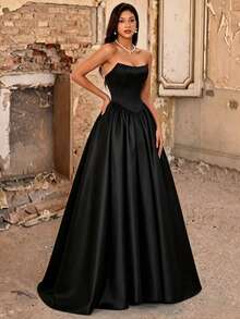 Fall Winter Elegant Black Strapless Satin Corset A-Line Maxi Ball Evening Gown, Lace Up Back Formal Dress For Party Prom Wedding Guest Banquet - Black - View 5