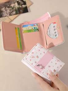 High Aesthetic Floral Bow Wallet, Women's Minimalist Short Wallet, Three-Fold Student Folding Snap Card Holder Coin Purse - Multicolor - View 2