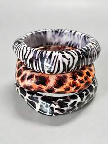 3pcs Set Fashionable Zebra Print Leopard Print Cow Print Resin Bracelet Set, Autumn/Winter Charming Women's Cuff Bangle, Asymmetrical Square Thick Bracelet - Multicolor - View 2
