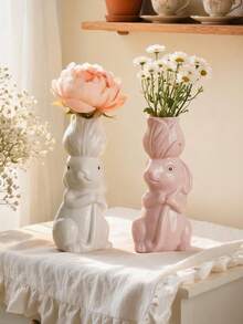 1pc Cartoon Ceramic Rabbit Vase, Cute Handmade Ceramic Craft. Sweet And Warm Decoration For Desk, Home, Bedroom, Hotel, Restaurant And Wedding. Perfect For Easter Display, Also Great Gift For Holidays, Souvenirs, Back To School And Loved Ones. - Vase - View 1