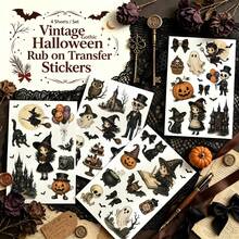 4 Sheets Set Halloween Journaling Stickers UV DTF Transfers For Crafts Furniture, Pumpkin Witch Ghost Decals Rub On Transfer Stickers For Wood Fabric Home Decor Scrapbooking DIY Crafts - Style 1 - View 3