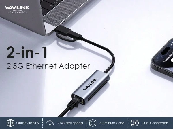 2.5G USB-C & USB 3.0 Ethernet Adapter, Hybrid 2-In-1 RJ45 Network Adapter, Compatible With Laptop/Tablet, Aluminum Alloy, Silver - Silver - View 1