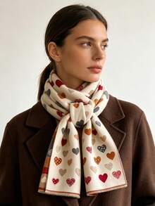 1pc Mixed‑Pattern Heart Jacquard Thick Scarf 65*180cm, Polyester Faux Cashmere Fall Winter Shawl For Travel Party Outing Wear As Scarf Shawl Head Wrap - Multicolor - View 2
