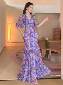 Gaun Mewah Elegan Modern Romantis Motif Bunga untuk Wanita Ukuran Plus yang Melangsingkan - Purple - View 2